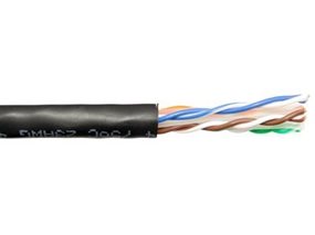 Solid Cat 6e riser-rated network cable showing internal twisted pair construction