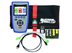 Front view of Platinum Tools Cable Prowler main unit, Coax and Network Remote Set: #1-5, F-Connector Coupler in foam holder, a Network/Tel Testing and ID Remote #1, a pair of No-Fault Cables, and a  Micro USB Cable - 1 of 2