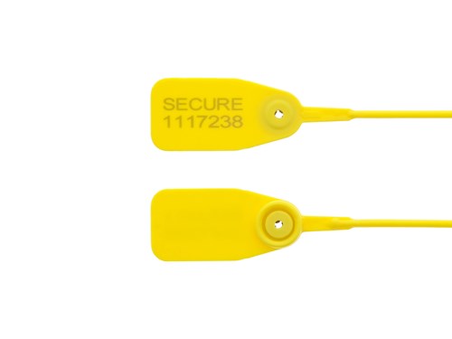 12 1/2 Inch Standard Yellow Pull Tight Plastic Seal with Steel Locking Piece - 100 Pack
