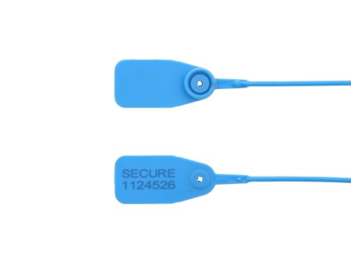 12 1/2 Inch Standard Blue Pull Tight Plastic Seal with Steel Locking Piece - 100 Pack