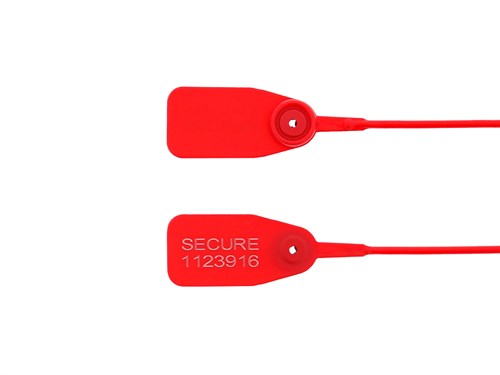 12 1/2 Inch Standard Red Pull Tight Plastic Seal with Steel Locking Piece - 100 Pack