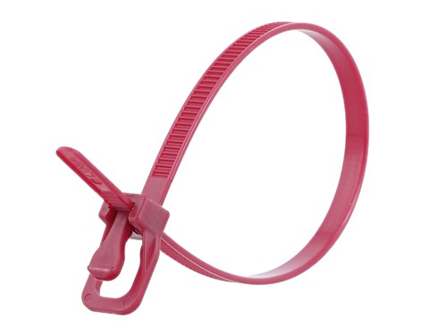 6 Inch 50 Lbs Plenum Cranberry Releasable/Reusable Cable Tie - 100 Pack