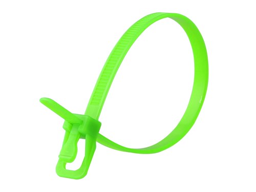 12 Inch 50 Lbs Fluorescent Green Releasable/Reusable Cable Tie - 100 Pack