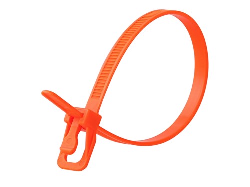 12 Inch 50 Lbs Fluorescent Orange Releasable/Reusable Cable Tie - 20 Pack