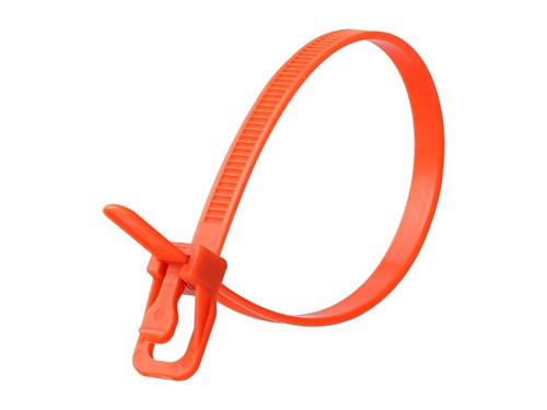 6 Inch 50 Lbs Orange Releasable/Reusable Cable Tie - 100 Pack