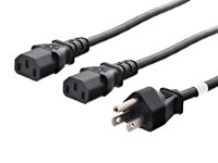 Splitter power cord with NEMA 5-15P male plug to dual IEC C13 female connectors
