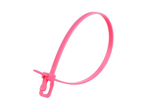 10 Inch Fluorescent Pink Releasable/Reusable Cable Tie - 100 Pack