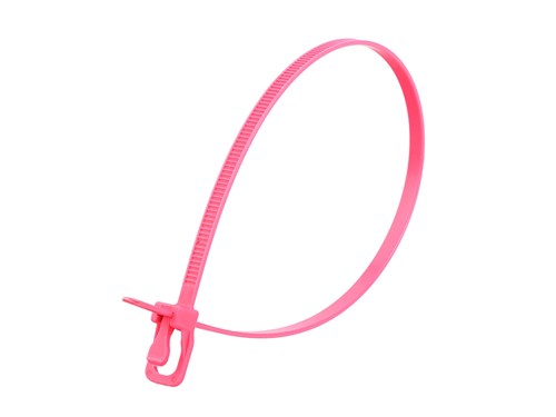12 Inch Fluorescent Pink Releasable/Reusable Cable Tie - 100 Pack