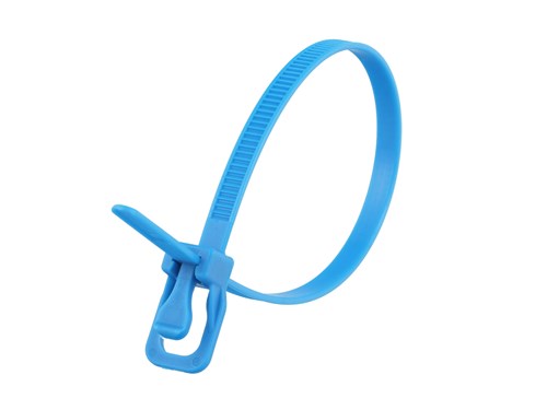 8 Inch 50 Lbs Fluorescent Blue Releasable/Reusable Cable Tie - 100 Pack