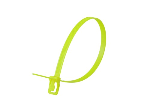 14 Inch 120 Lbs Fluorescent Yellow Releasable/Reusable Cable Tie - 100 Pack